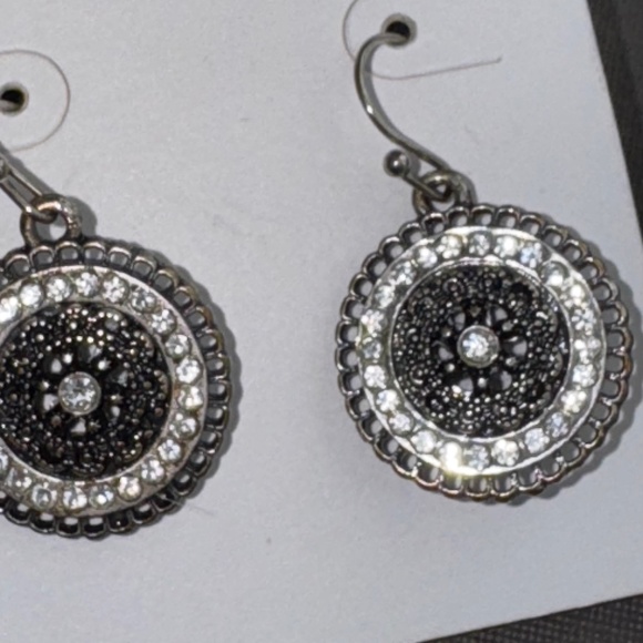 Marlyn Schiff Earrings Rhinestone Round Drop Dangle Black Silver New - Picture 2 of 10